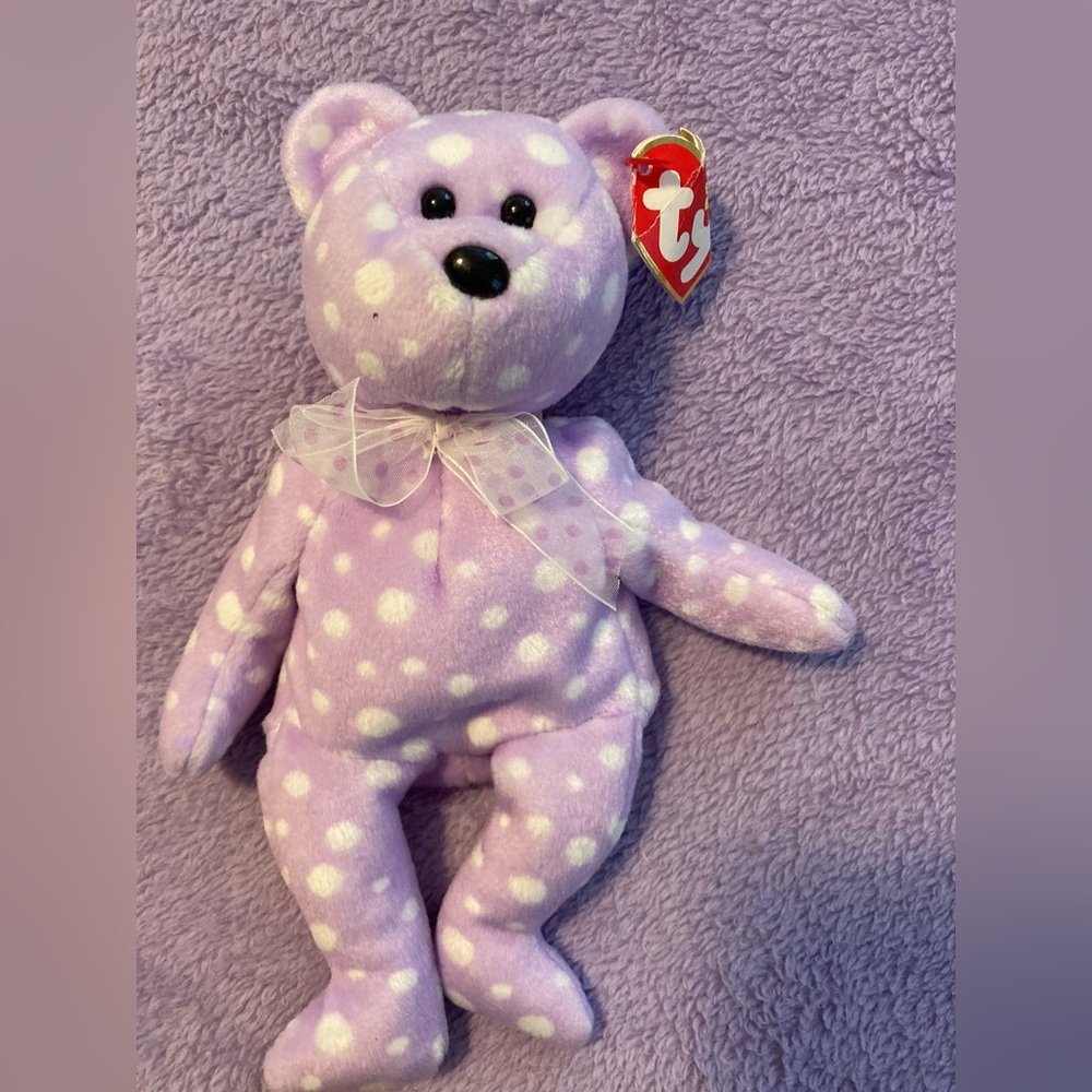 TY Lavender polka dot Beanie Baby Bear WITH TAGS